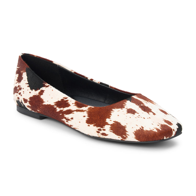 Phillip Ballet Flat – Matisse – Brown and white cow-print calf hair flat with almond toe and minimalist silhouette