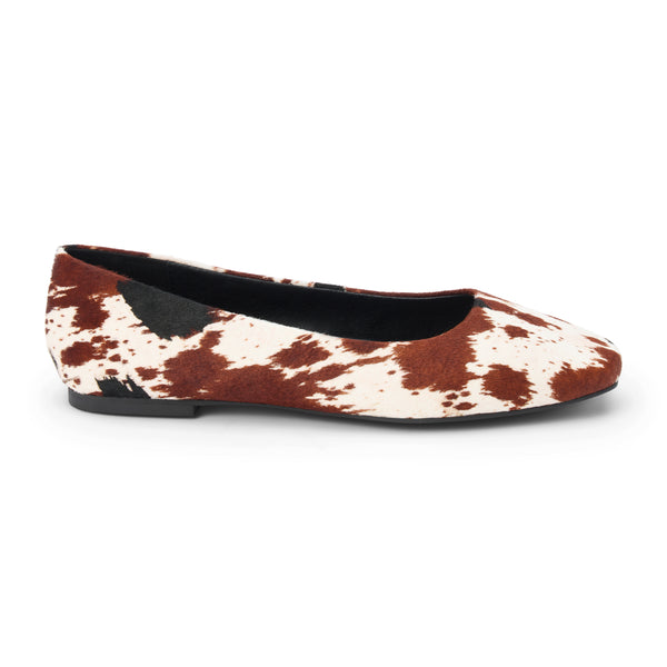 Phillip Ballet Flat – Matisse – Brown and white cow-print calf hair flat with almond toe and minimalist silhouette