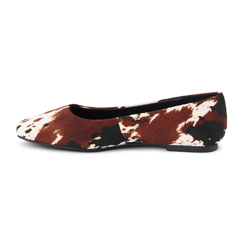 Phillip Ballet Flat – Matisse – Brown and white cow-print calf hair flat with almond toe and minimalist silhouette