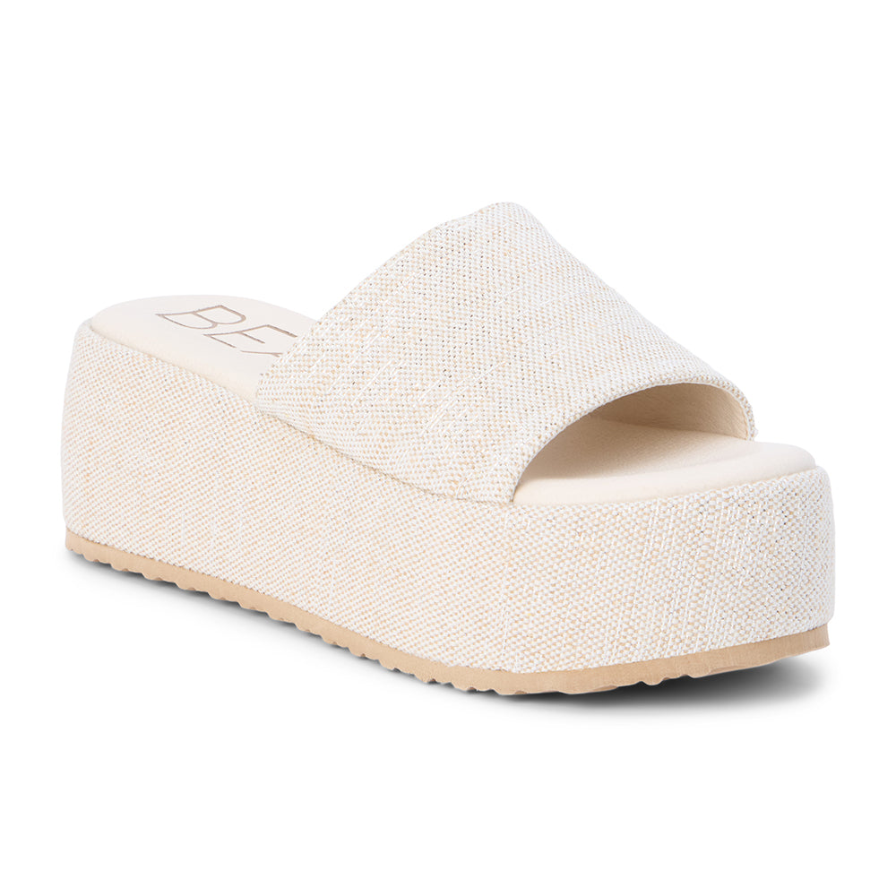 Light gray speckled jute platform slide sandal with a wide woven strap and flatform sole, shown on a white background.