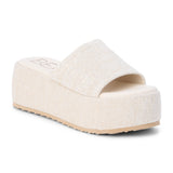 Light gray speckled jute platform slide sandal with a wide woven strap and flatform sole, shown on a white background.