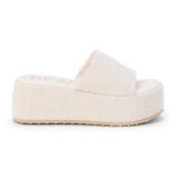 Light gray speckled jute platform slide sandal with a wide woven strap and flatform sole, shown on a white background.
