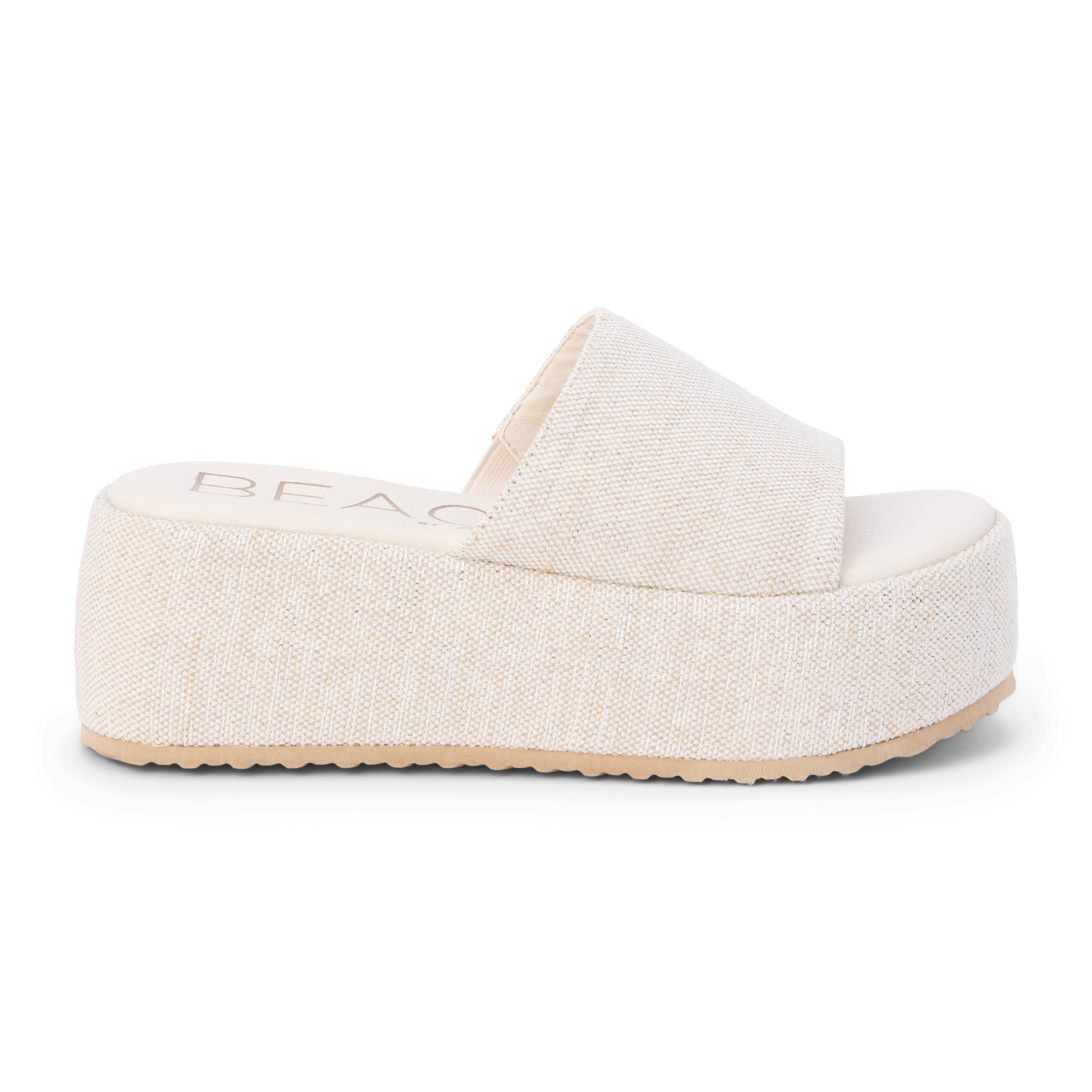 Light gray speckled jute platform slide sandal with a wide woven strap and flatform sole, shown on a white background.