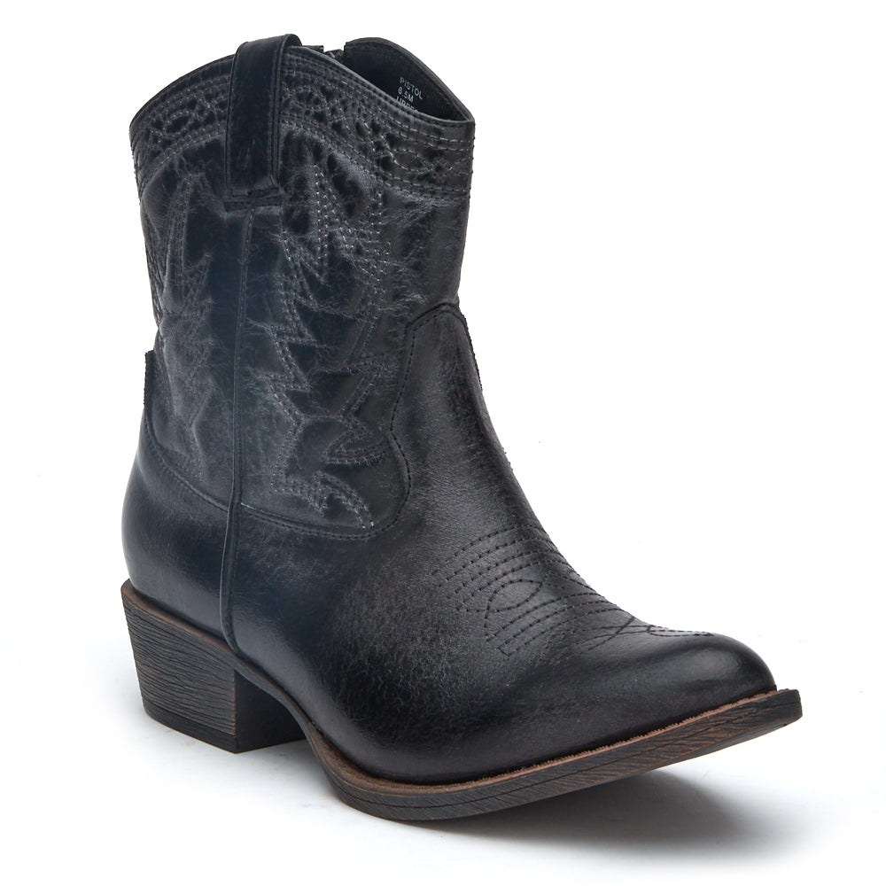 Vegan black textile Western boot with decorative stitching, a pointed toe, distressed finish, and stacked block heel shown on a white background.