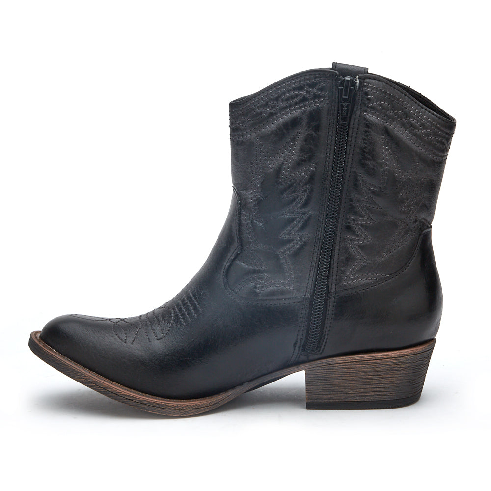 Vegan black textile Western boot with decorative stitching, a pointed toe, distressed finish, and stacked block heel shown on a white background.
