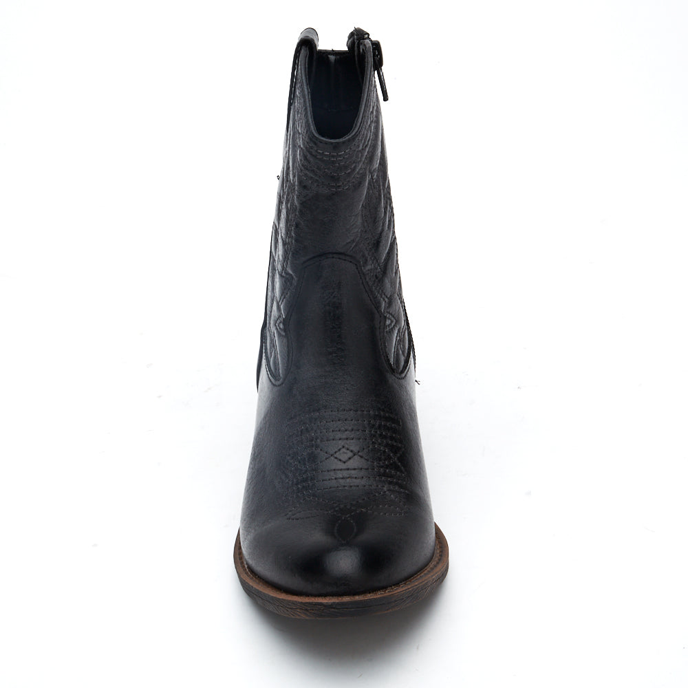 Vegan black textile Western boot with decorative stitching, a pointed toe, distressed finish, and stacked block heel shown on a white background.