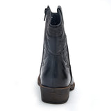 Vegan black textile Western boot with decorative stitching, a pointed toe, distressed finish, and stacked block heel shown on a white background.