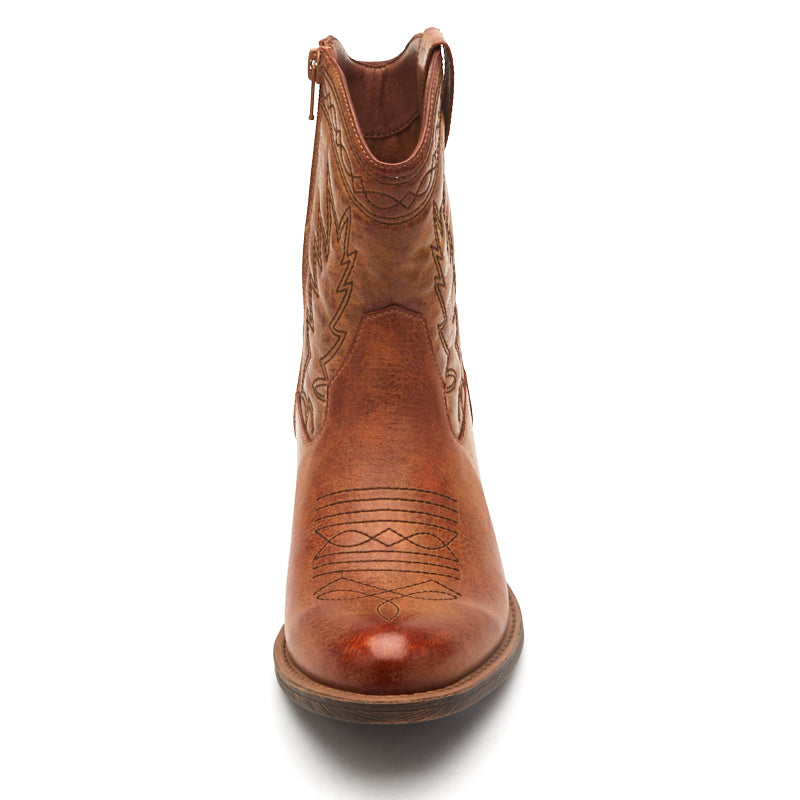 Vegan brown textile Western boot with decorative stitching, a pointed toe, distressed finish, and stacked block heel shown on a white background.