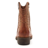 Vegan brown textile Western boot with decorative stitching, a pointed toe, distressed finish, and stacked block heel shown on a white background.