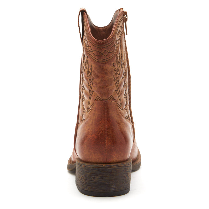 Vegan brown textile Western boot with decorative stitching, a pointed toe, distressed finish, and stacked block heel shown on a white background.