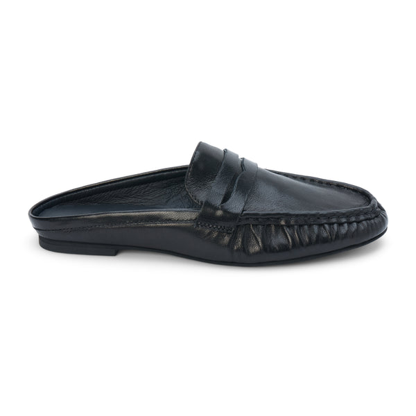Porta Penny Loafer Mule – Matisse Footwear – Black slip-on loafer with classic penny strap and moc toe stitching.