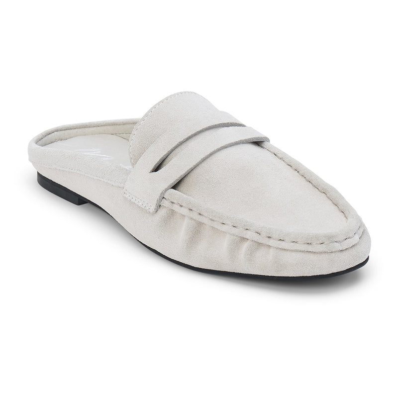 Porta Penny Loafer Mule – Matisse Footwear – Light grey slip-on loafer with classic penny strap and moc toe stitching.