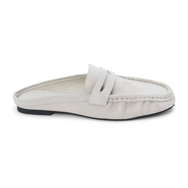Porta Penny Loafer Mule – Matisse Footwear – Light grey slip-on loafer with classic penny strap and moc toe stitching.