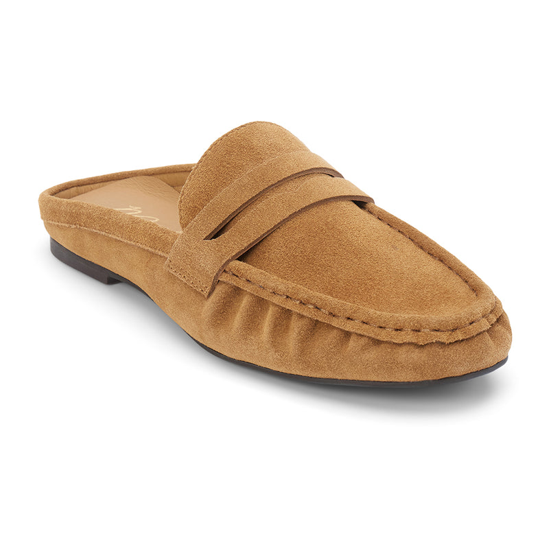 Porta Penny Loafer Mule – Matisse Footwear – Tan slip-on loafer with classic penny strap and moc toe stitching.