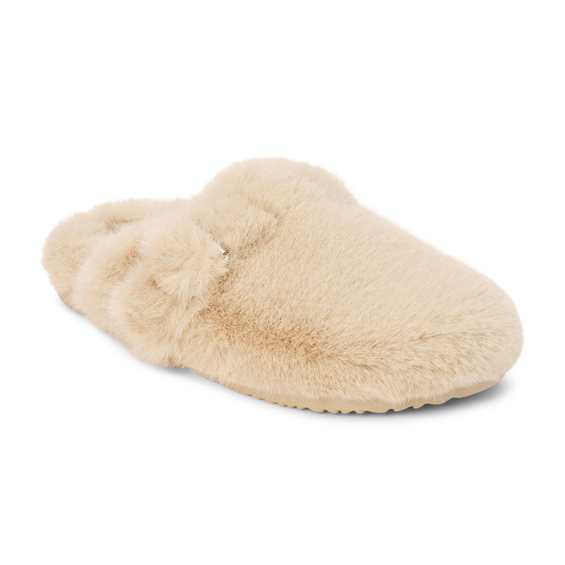 Portland Vegan Lounge Mule – Beach by Matisse – Beige faux fur slip-on mule with oversized plush buckles and cozy indoor-outdoor sole.