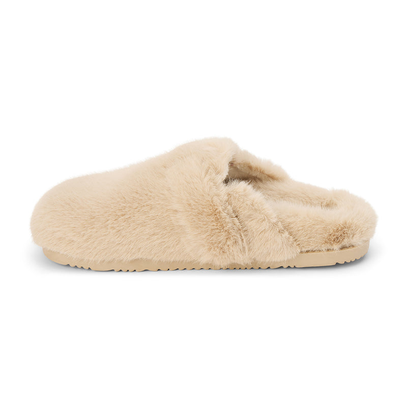 Portland Vegan Lounge Mule – Beach by Matisse – Beige faux fur slip-on mule with oversized plush buckles and cozy indoor-outdoor sole.
