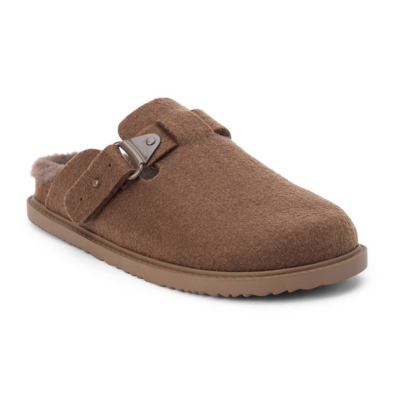 Portland Vegan Clog – Beach by Matisse – Brown felt slip-on clog with tonal buckle and faux shearling lining.