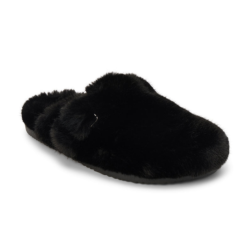 Portland Vegan Lounge Mule – Beach by Matisse – Black faux fur slip-on mule with oversized plush buckles and cozy indoor-outdoor sole.