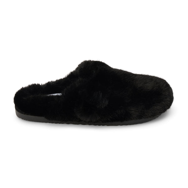 Portland Vegan Lounge Mule – Beach by Matisse – Black faux fur slip-on mule with oversized plush buckles and cozy indoor-outdoor sole.