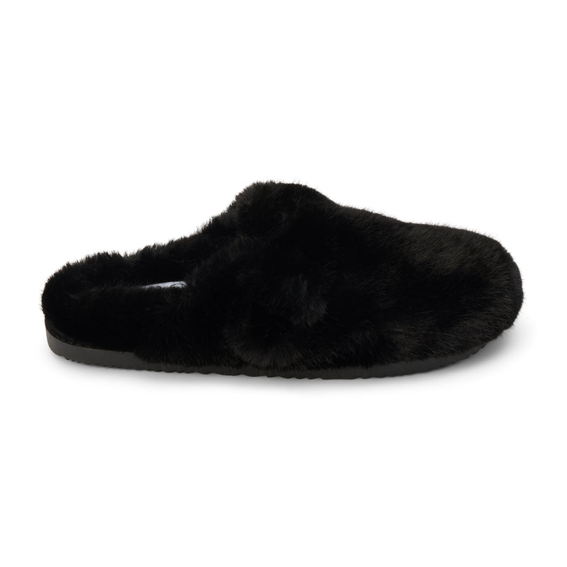 Portland Vegan Lounge Mule – Beach by Matisse – Black faux fur slip-on mule with oversized plush buckles and cozy indoor-outdoor sole.