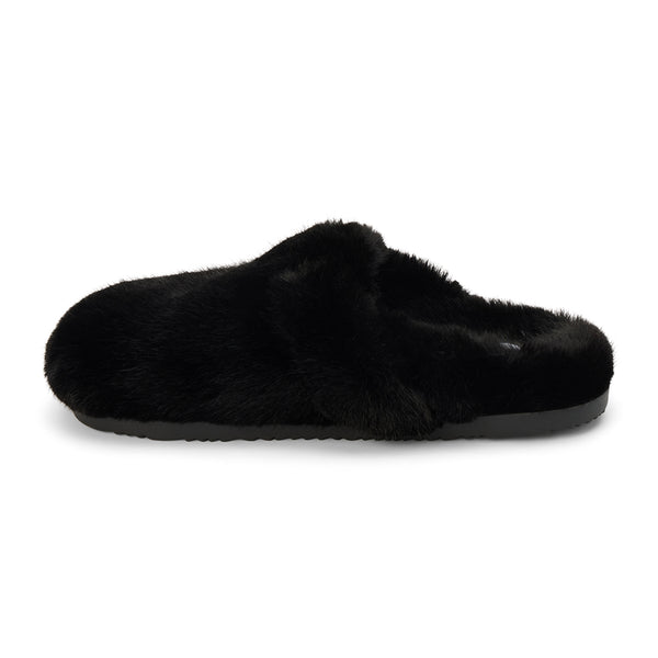 Portland Vegan Lounge Mule – Beach by Matisse – Black faux fur slip-on mule with oversized plush buckles and cozy indoor-outdoor sole.