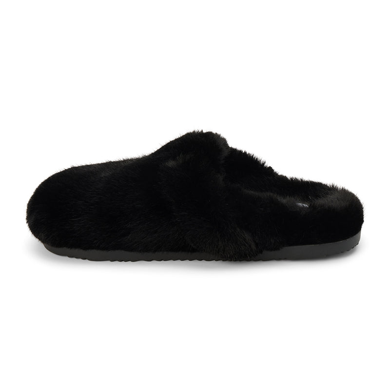Portland Vegan Lounge Mule – Beach by Matisse – Black faux fur slip-on mule with oversized plush buckles and cozy indoor-outdoor sole.