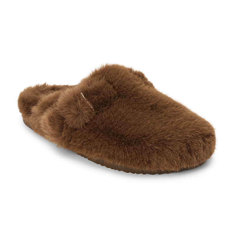 Portland Vegan Lounge Mule – Beach by Matisse – Brown faux fur slip-on mule with oversized plush buckles and cozy indoor-outdoor sole.