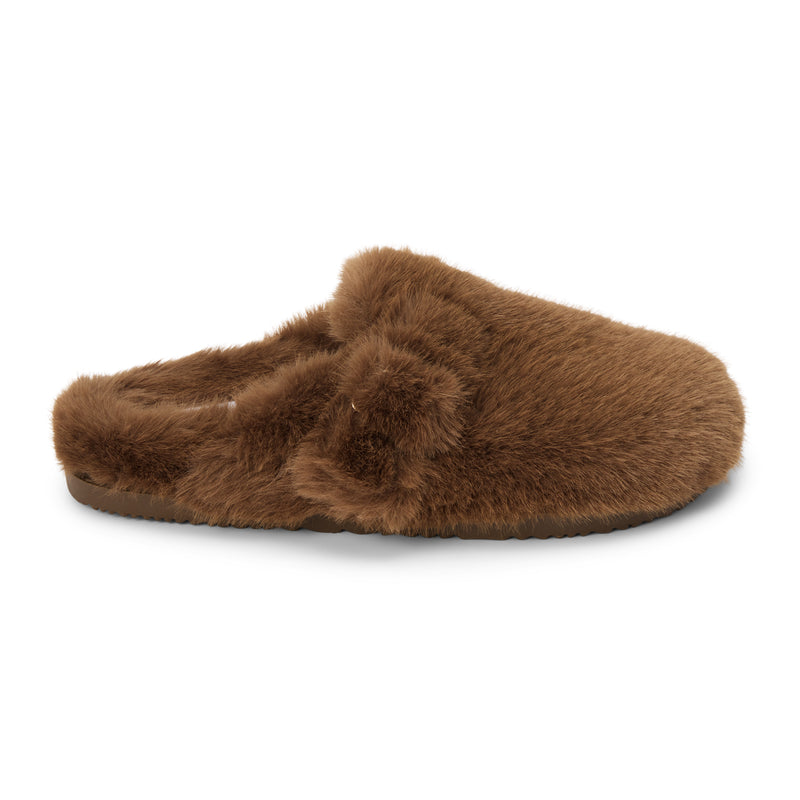 Portland Vegan Lounge Mule – Beach by Matisse – Brown faux fur slip-on mule with oversized plush buckles and cozy indoor-outdoor sole.