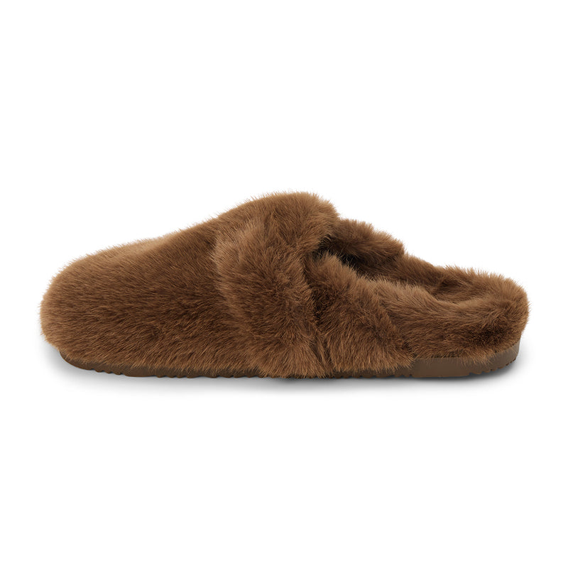 Portland Vegan Lounge Mule – Beach by Matisse – Brown faux fur slip-on mule with oversized plush buckles and cozy indoor-outdoor sole.
