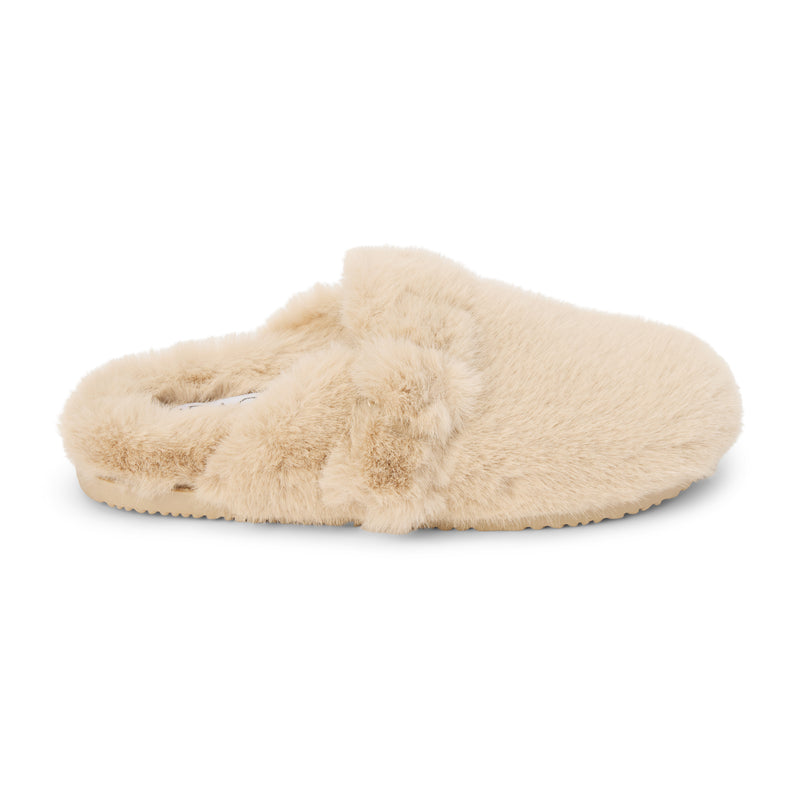 Portland Vegan Lounge Mule – Beach by Matisse – Beige faux fur slip-on mule with oversized plush buckles and cozy indoor-outdoor sole.