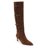 Brown suede knee-high boot with four silver-tone buckle accents, a pointed toe, and slim brown kitten heel shown on a white background.