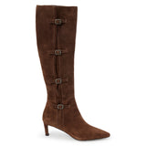 Brown suede knee-high boot with four silver-tone buckle accents, a pointed toe, and slim brown kitten heel shown on a white background.