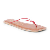 Red leather flat thong sandal with slim knotted straps and square toe, shown on a white background.