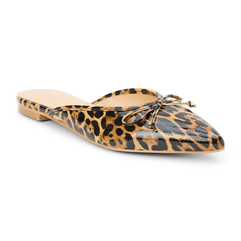 Reggie Vegan Pointed Toe Mule – Beach by Matisse – Faux patent leather leopard print flat mule with pointed toe and petite bow detail.