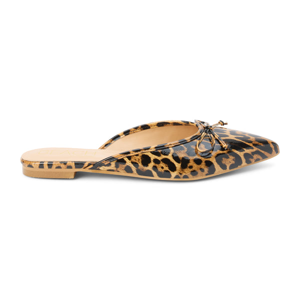 Reggie Vegan Pointed Toe Mule – Beach by Matisse – Faux patent leather leopard print flat mule with pointed toe and petite bow detail.