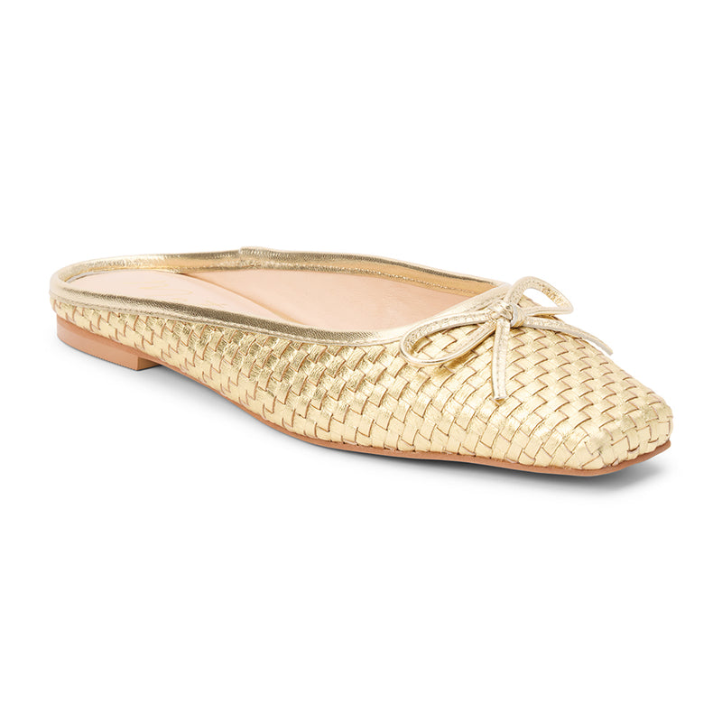 Remy Ballet Mule – Matisse – Woven metallic gold leather flat mule with square toe and bow detail.