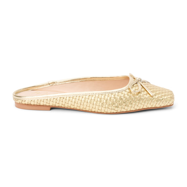 Remy Ballet Mule – Matisse – Woven metallic gold leather flat mule with square toe and bow detail.