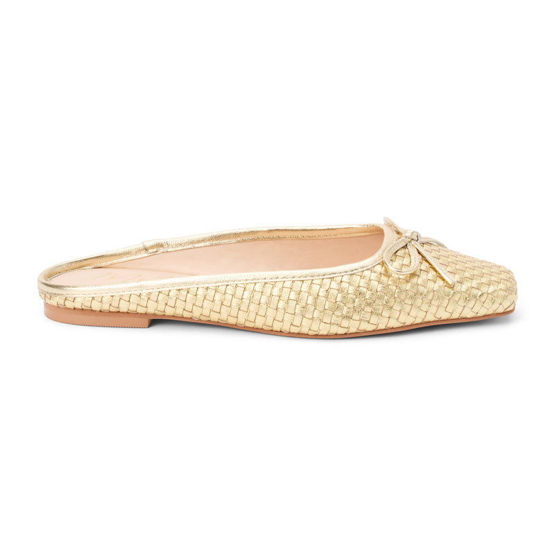 Remy Ballet Mule – Matisse – Woven metallic gold leather flat mule with square toe and bow detail.