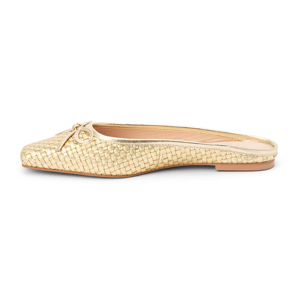 Remy Ballet Mule – Matisse – Woven metallic gold leather flat mule with square toe and bow detail.