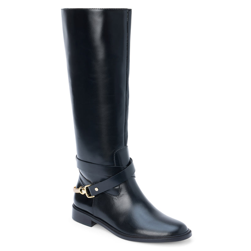 Richmond Knee-High Boot – Matisse – Tall black leather boot with equestrian-inspired harness strap and gold hardware.