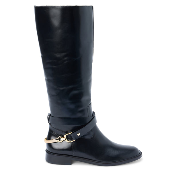 Richmond Knee-High Boot – Matisse – Tall black leather boot with equestrian-inspired harness strap and gold hardware.