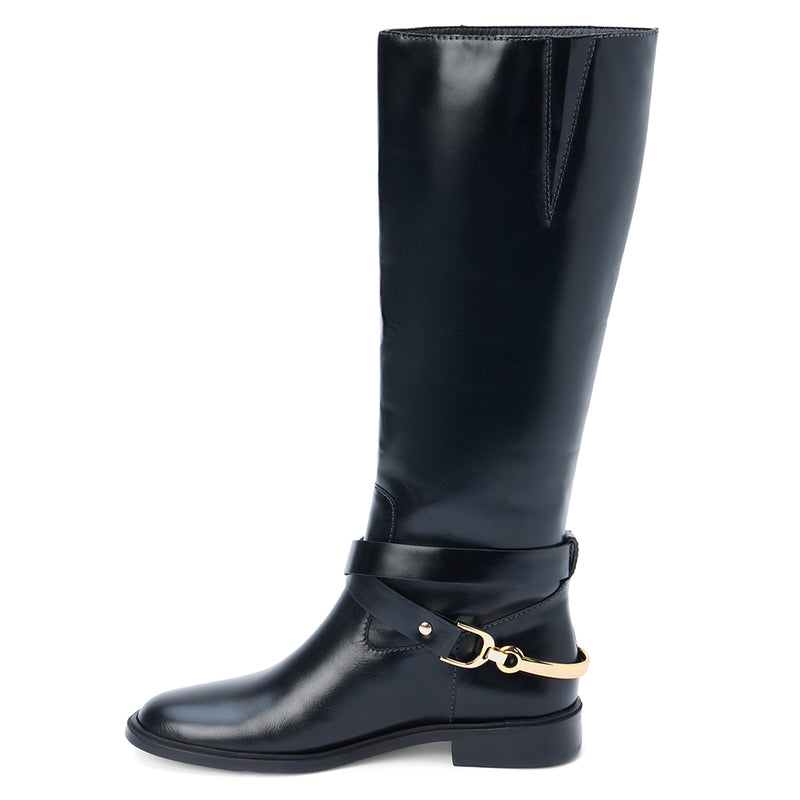 Richmond Knee-High Boot – Matisse – Tall black leather boot with equestrian-inspired harness strap and gold hardware.