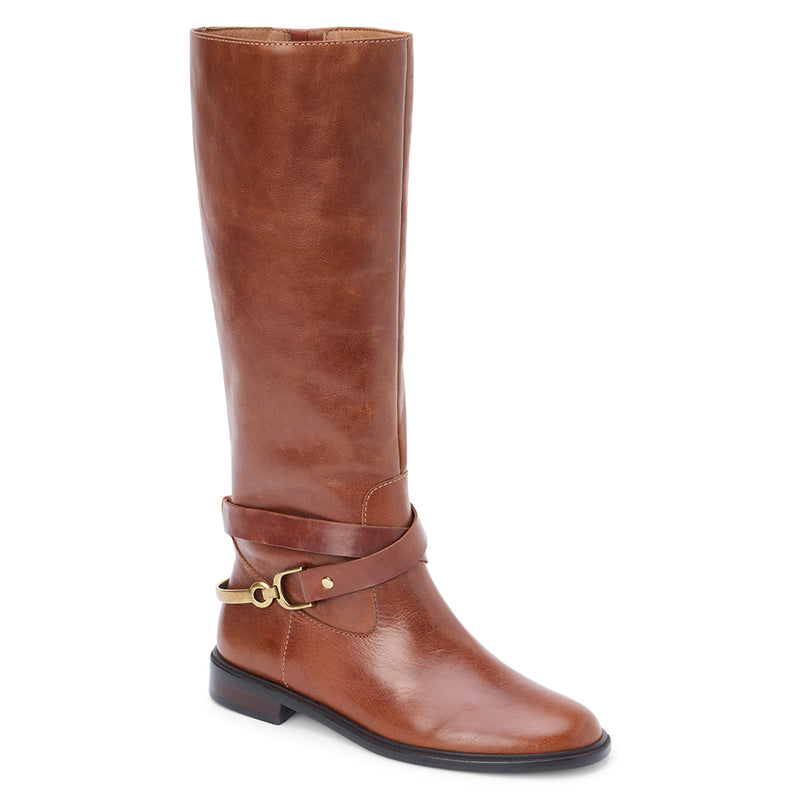 Richmond Knee-High Boot – Matisse – Tall cognac leather boot with equestrian-inspired harness strap and gold hardware.