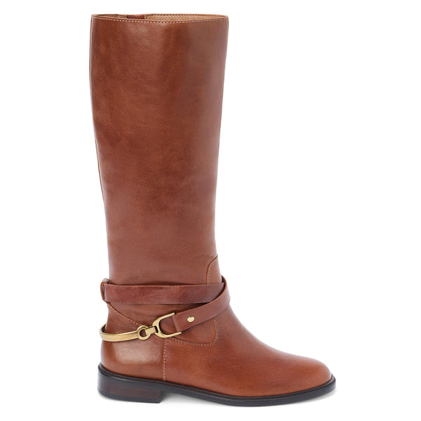 Richmond Knee-High Boot – Matisse – Tall cognac leather boot with equestrian-inspired harness strap and gold hardware.