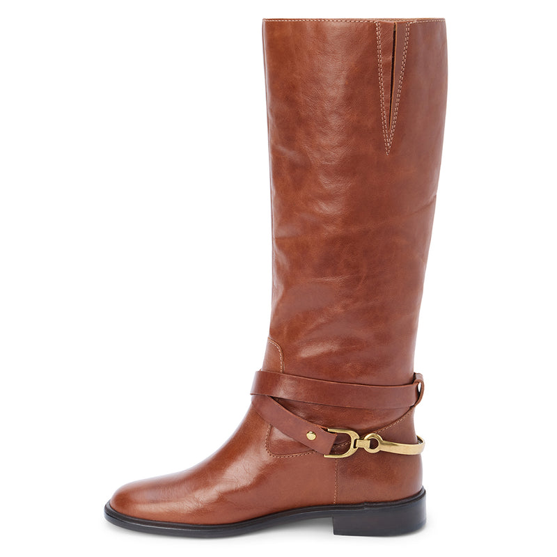 Richmond Knee-High Boot – Matisse – Tall cognac leather boot with equestrian-inspired harness strap and gold hardware.