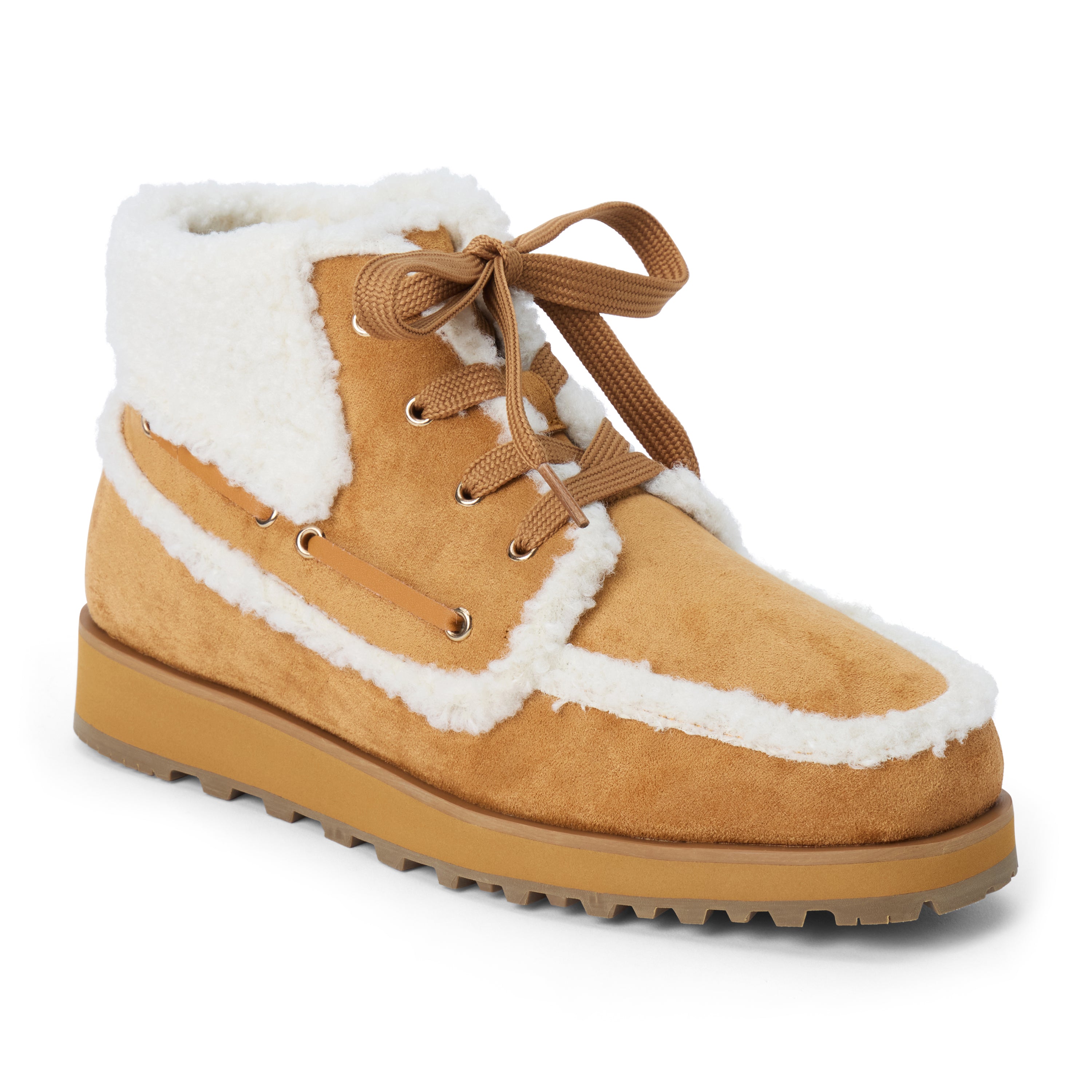 Vegan brown faux suede ankle boot with white faux-fur trim, wraparound lacing, a rounded moc toe, and lug sole shown on a white background.