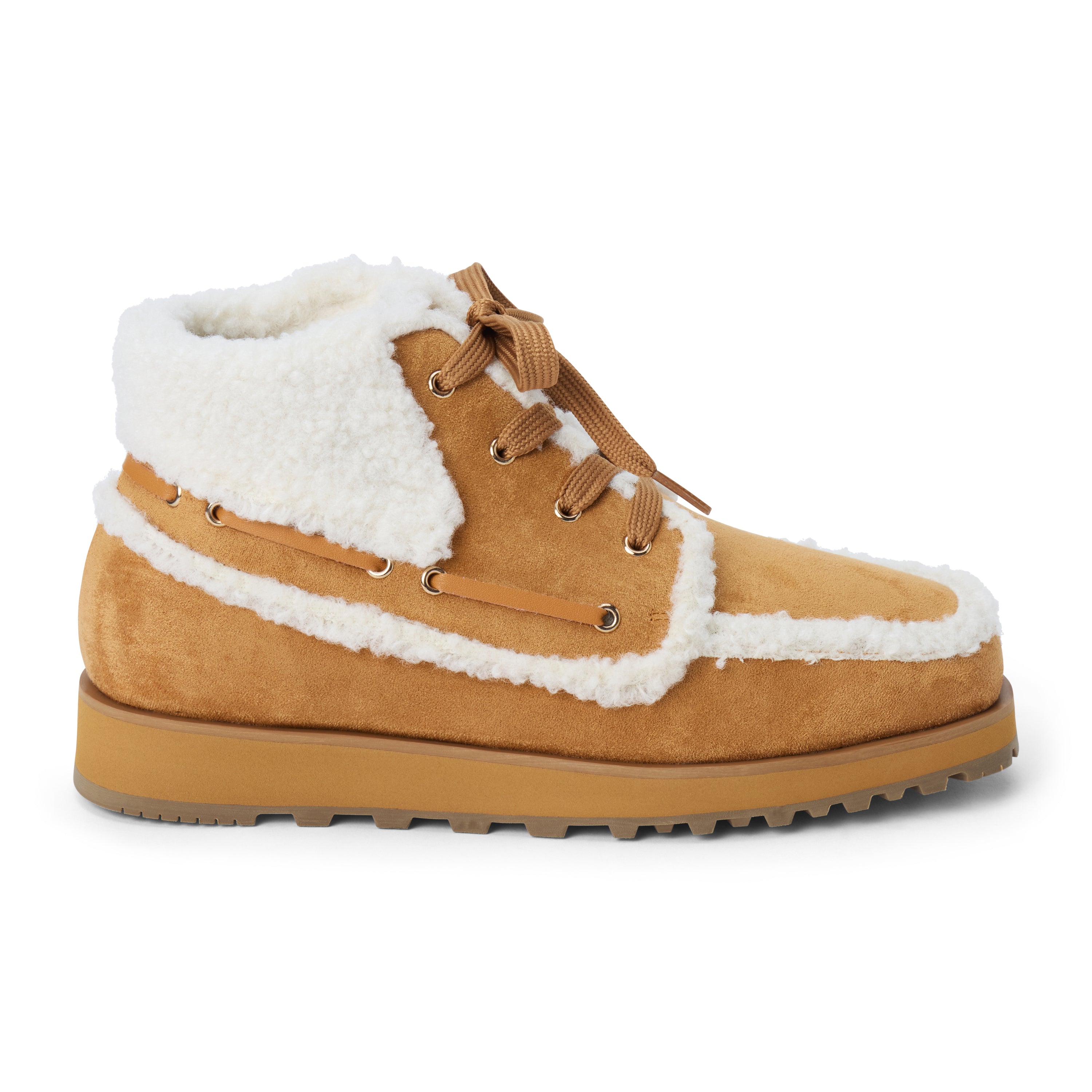 Vegan brown faux suede ankle boot with white faux-fur trim, wraparound lacing, a rounded moc toe, and lug sole shown on a white background.