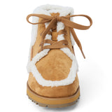 Vegan brown faux suede ankle boot with white faux-fur trim, wraparound lacing, a rounded moc toe, and lug sole shown on a white background.