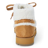Vegan brown faux suede ankle boot with white faux-fur trim, wraparound lacing, a rounded moc toe, and lug sole shown on a white background.