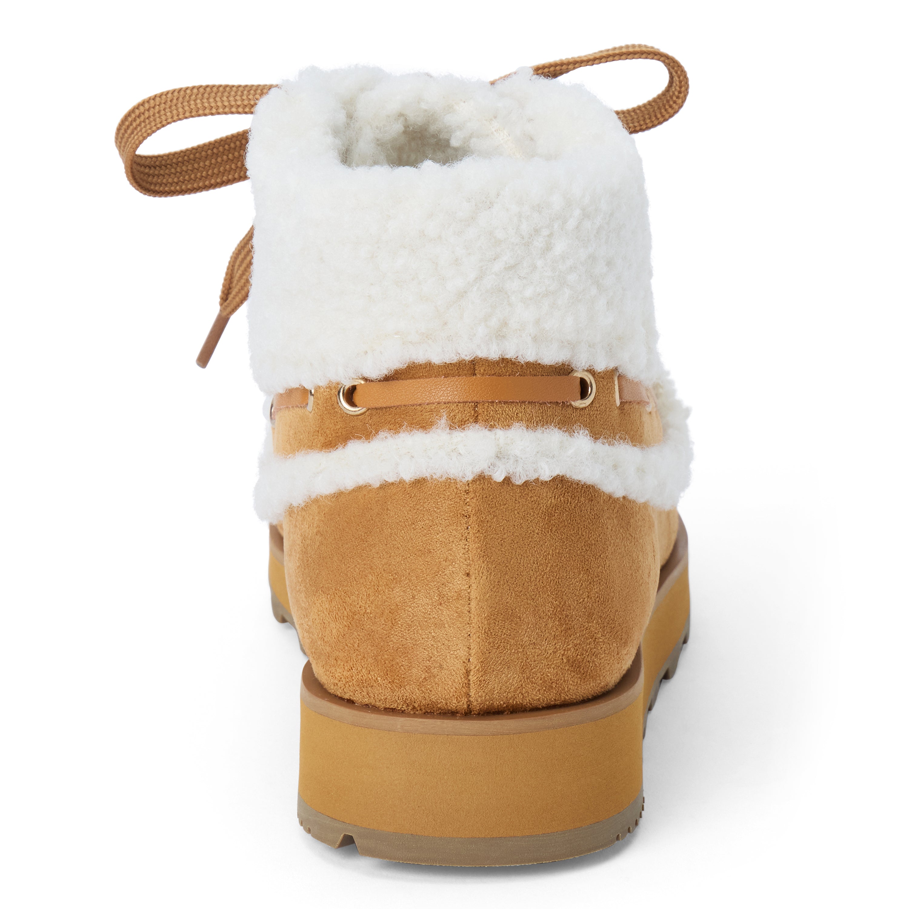 Vegan brown faux suede ankle boot with white faux-fur trim, wraparound lacing, a rounded moc toe, and lug sole shown on a white background.
